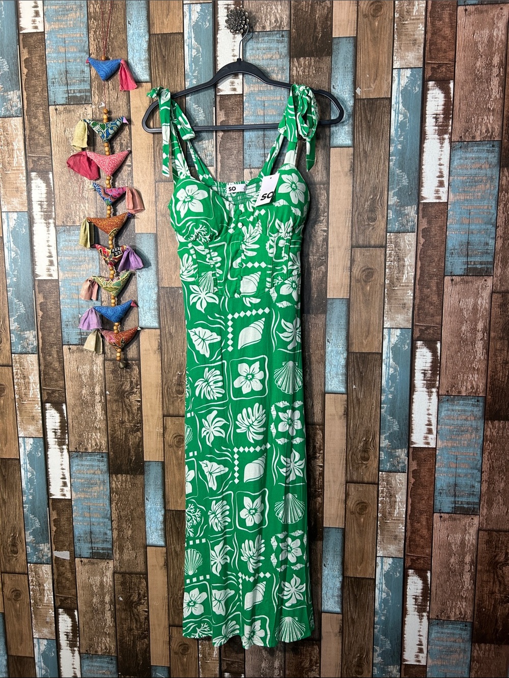 SO Green and White Floral Tie-Shoulder Maxi